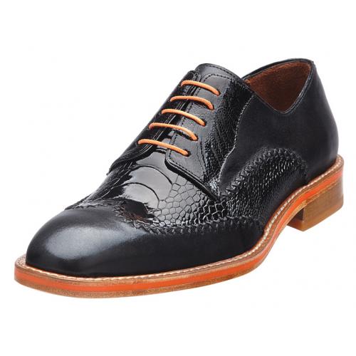 Belvedere "Borgo" Black Genuine Ostrich And Italian Calfskin Leather Oxford Shoes D86